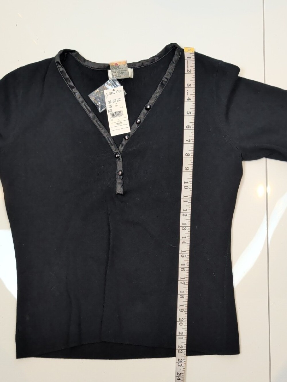 Laura Black Satin Trim Rhinestone Button Knit Sweater Large NWT - Picture 14 of 15
